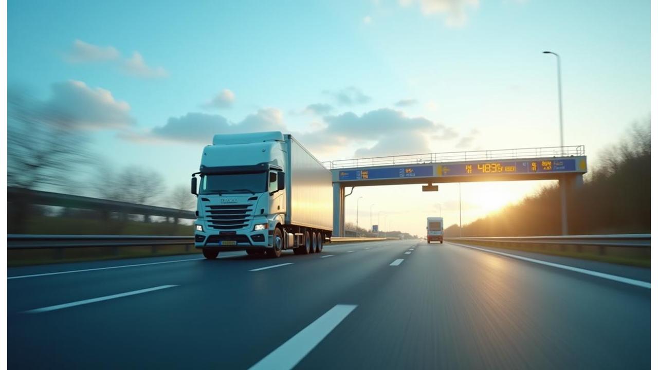 Fahrzeug auf Autobahn mit digitale Mautanzeige
